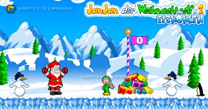 Das Weihnachts-Abenteuer Pixel-Game JanJan der Weihnachtself 2 (Eishöhlen) spielt am Nordpol und handelt von verlorenen Weihnachtspaketen. Grafik © 2024 Lipowski